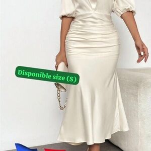 Elegant Cream Midi Dress with Puff Sleeves